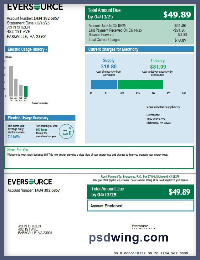 USA Eversource Utility Bill Version 2